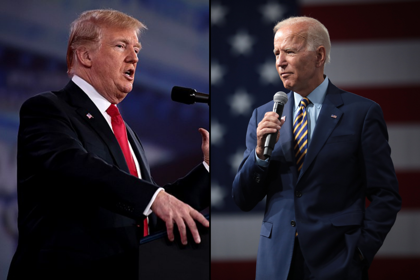 Montage de deux images séparées. À droite, Donald Trump donnant un discours, et à gauche Joe Biden donnant un discours, micro en main.